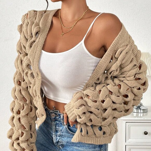 Khaki Casual Women's Long Sleeve Cable Knit Hollow-Out Cardigan - Picture 5 of 7